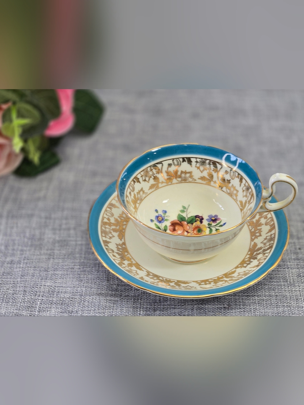 Vintage Aynsley Blue Teacup and Saucer, Floral Gold Accents #C394